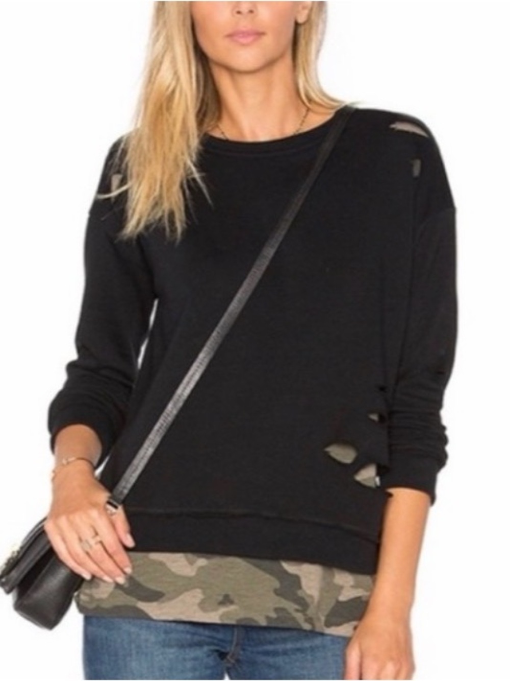 #928 GENERATION LOVE Black Distressed Camo Layered Super Soft Sweatshirt
